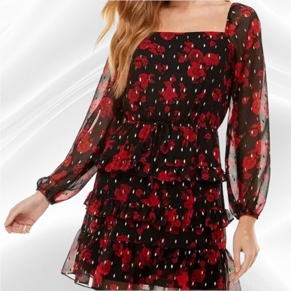 City Studio Womens Juniors Red‎ Black Gold Floral Print Square Neck Dress Small - Picture 1 of 9